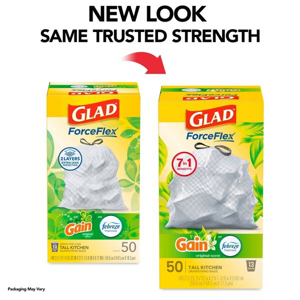 Glad 13 Gallon Drawstring Tall Kitchen Trash Bags, 50 Count, Gain Original, Febreze