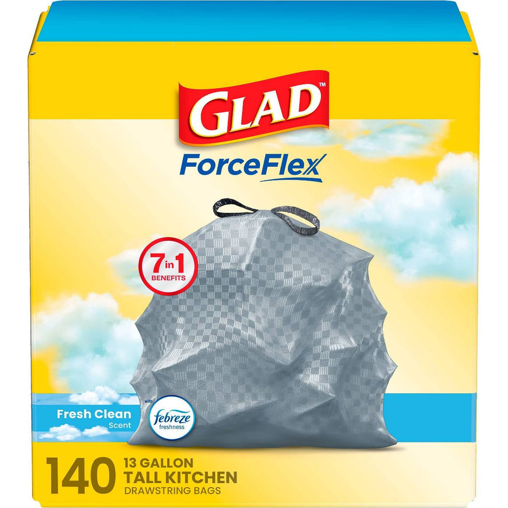 Glad 13 Gallon ForceFlex Drawstring Trash Bags, 140 Count, Fresh Scent, Febreze