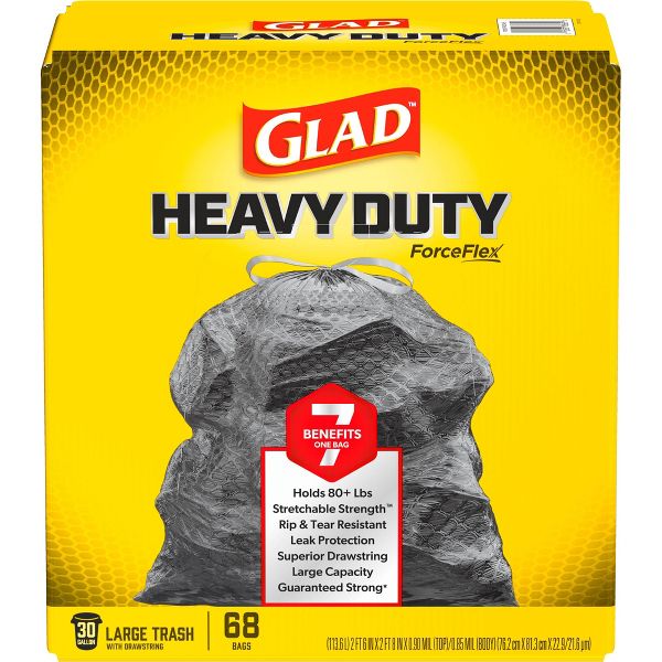 Glad 30 Gallon ForceFlex+ Drawstring Large Trash Bags, 68 Count, Black