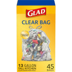 Glad 13 Gallon Drawstring Tall Kitchen Trash Bags, 45 Count, Clear