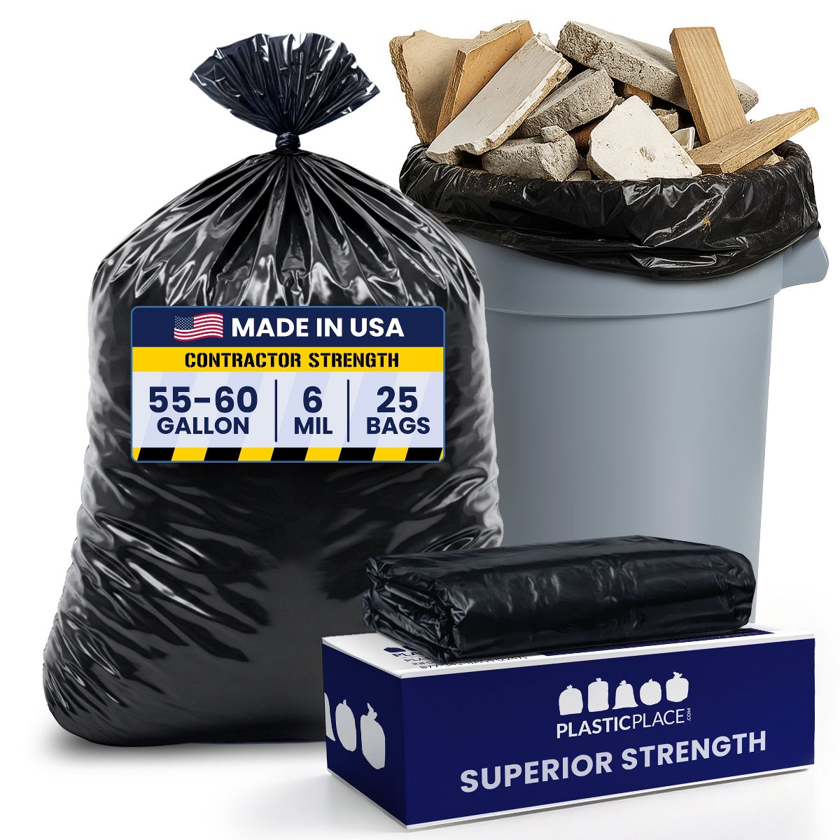 Plasticplace 55-60 Gallon Black Contractor Trash Bags - 20 or 25 Count