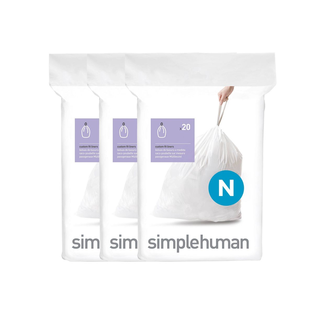 simplehuman 45-50 L Drawstring Tall Kitchen Trash Bags, Code N, 60 Count, White