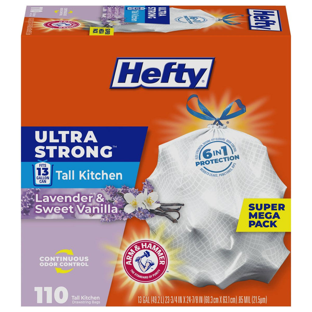 Hefty 13 Gallon Drawstring Tall Kitchen Trash Bags, 110 Count, Lavender and Sweet Vanilla