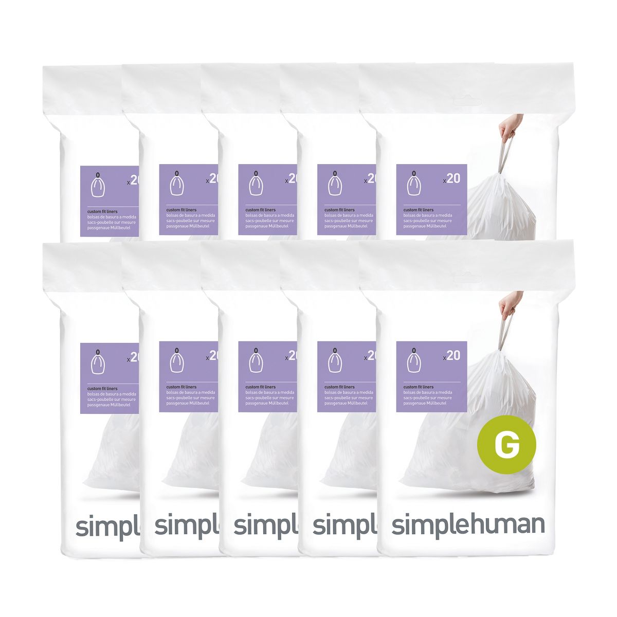 simplehuman 30 L Code G Custom-Fit Drawstring Trash Bags, 200 Count, White