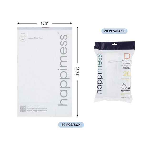 happimess 8 Gallon / 30 L Drawstring Trash Bags, 60 Count, per pack: 20 bags, Unscented, White