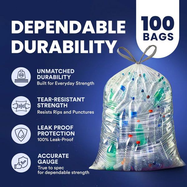 Plasticplace 32-33 Gallon Drawstring Trash Bags, 100 Count, Clear, 33 x 38 in, 0.9 mil