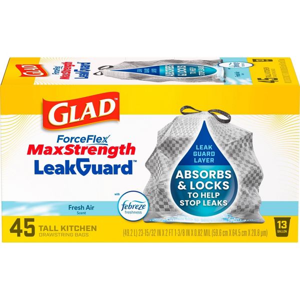 Glad 13 Gallon ForceFlex MaxStrength Drawstring Trash Bags, 45 Count, Fresh Air