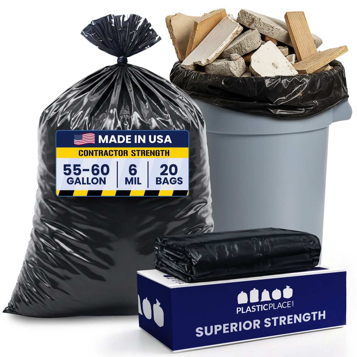 Plasticplace 55-60 Gallon Black Contractor Trash Bags - 20 or 25 Count
