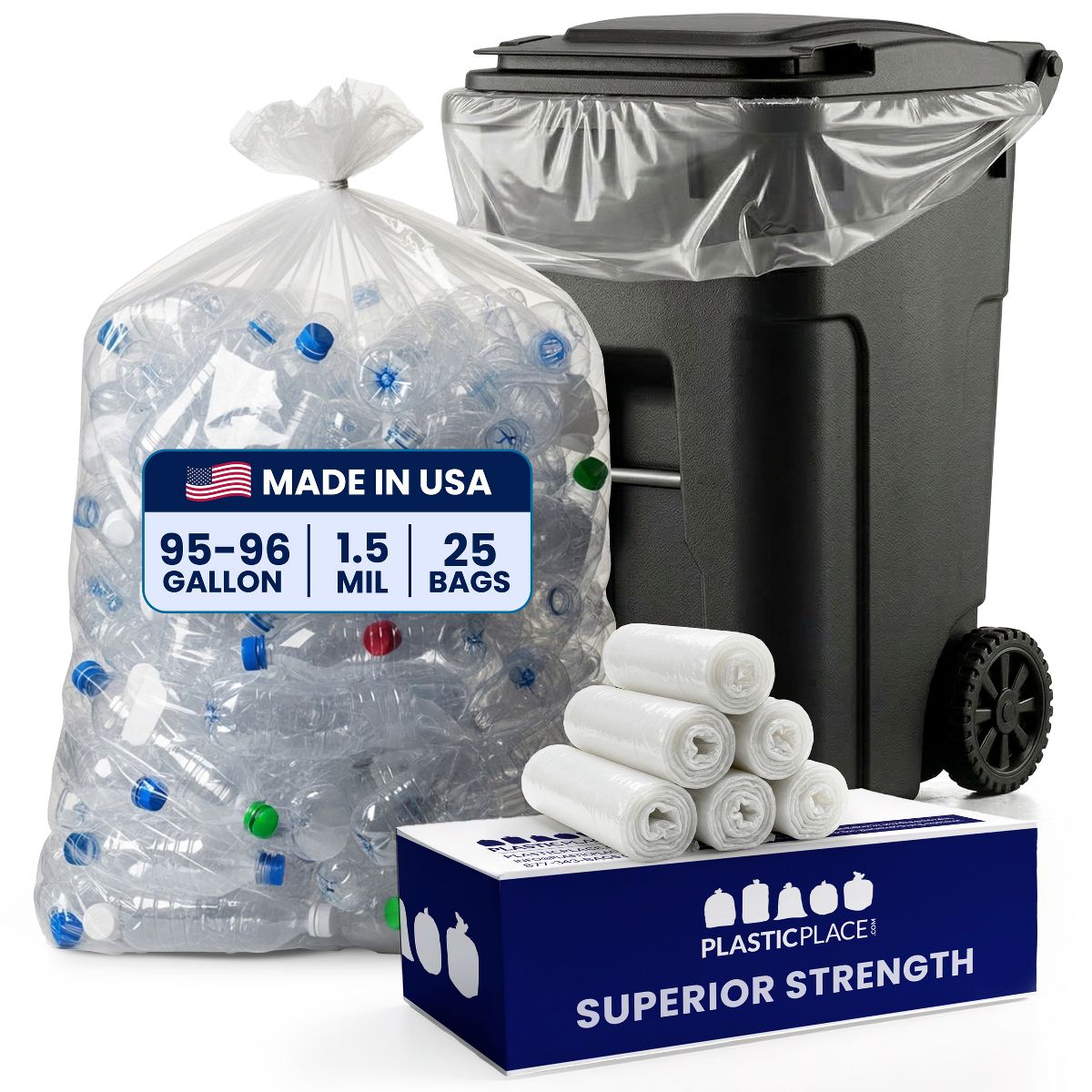 Plasticplace 95-96 Gallon Trash Bags, 25 Count, Clear, 61 x 68 in, 1.5 mil