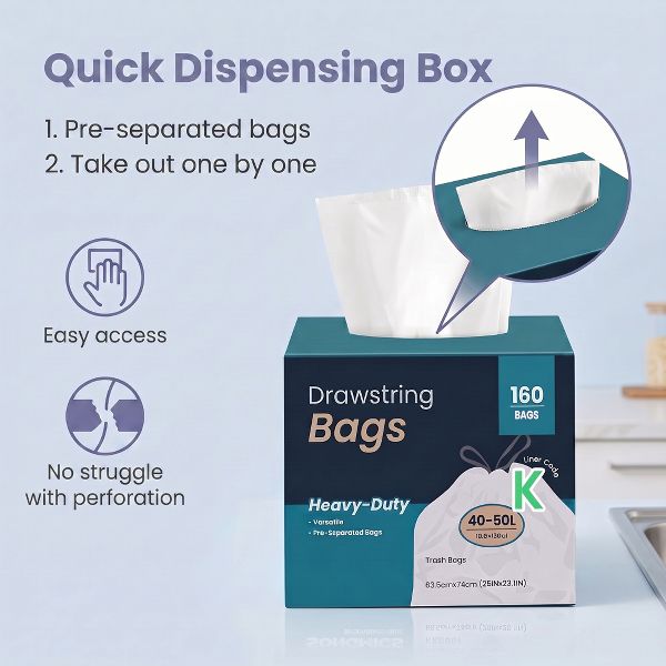 LEDREM Drawstring Tall Kitchen Trash Bags, 2 rolls, White
