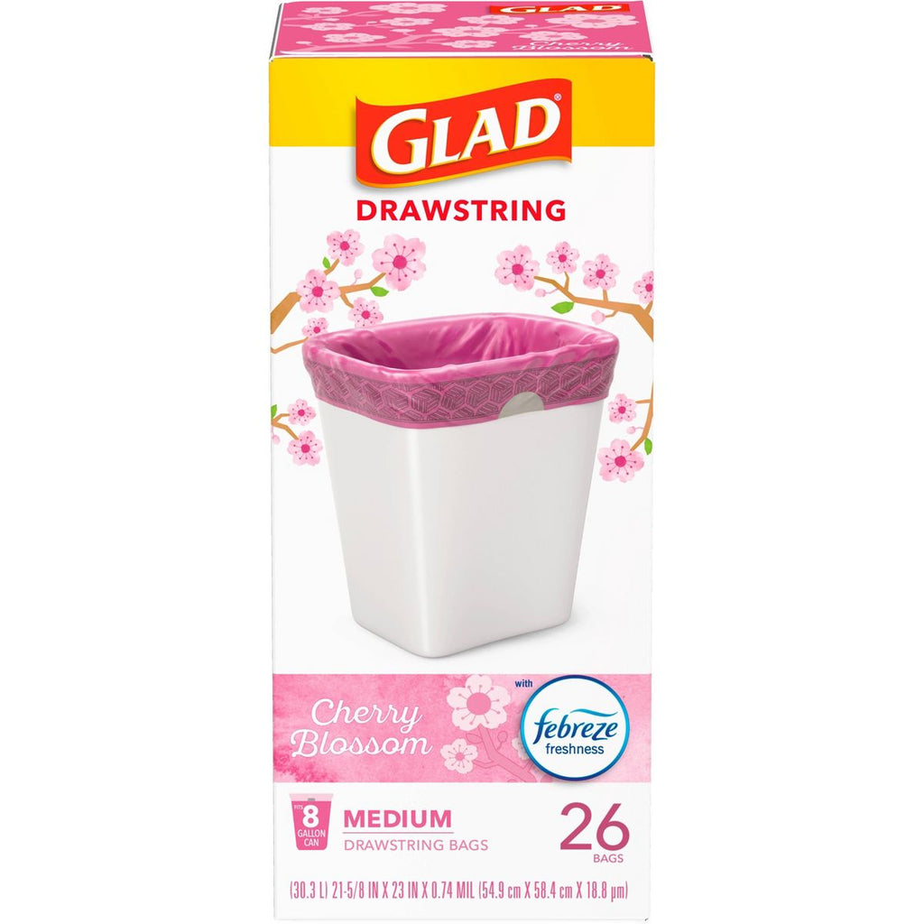 Glad 8 Gallon Drawstring Trash Bags, 26 Count, Cherry Blossom