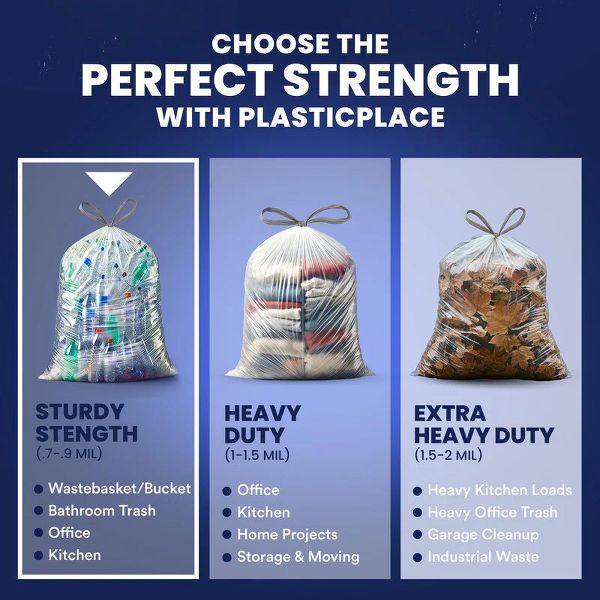 Plasticplace 32-33 Gallon Drawstring Trash Bags, 100 Count, Clear, 33 x 38 in, 0.9 mil