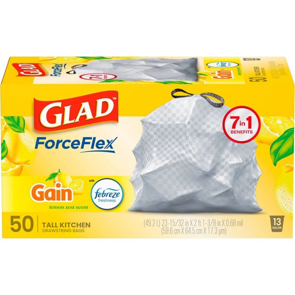 Glad 13 Gallon ForceFlex Drawstring Trash Bags, 50 Count, Lemon