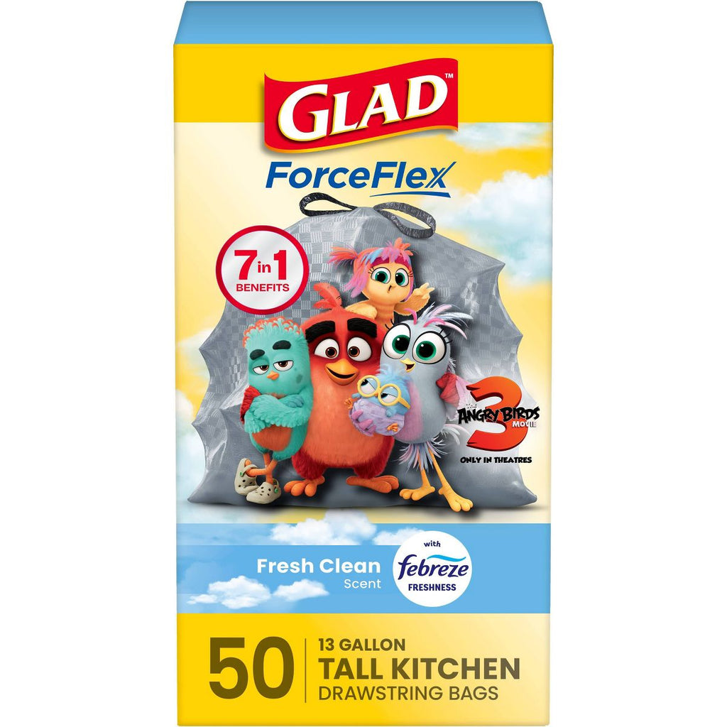 Glad 13 Gallon Drawstring Tall Kitchen Trash Bags, 50 Count, Fresh Clean, Gray, Febreze