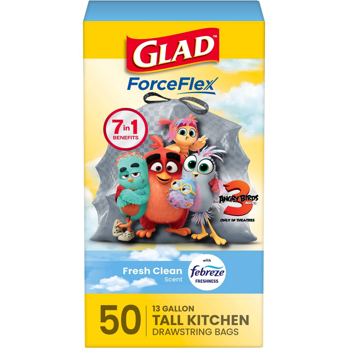 Glad 13 Gallon Drawstring Tall Kitchen Trash Bags, 50 Count, Fresh Clean, Gray, Febreze