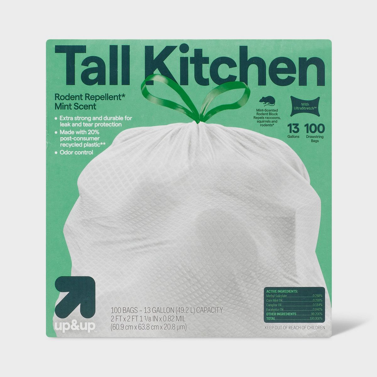 up&up 13 Gallon Drawstring Tall Kitchen Trash Bags, 100 Count, Mint