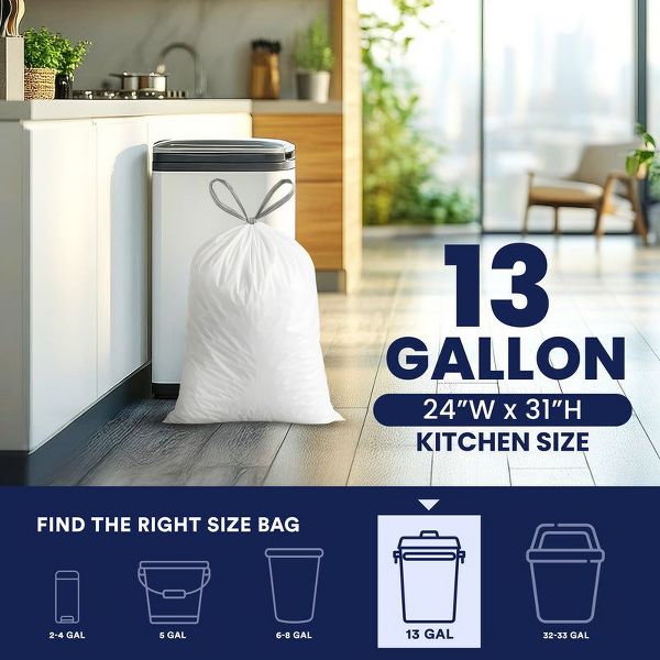 Plasticplace 13 Gallon Drawstring Tall Kitchen Trash Bags, 50 Count, White, 24 x 31 in, 1.2 mil