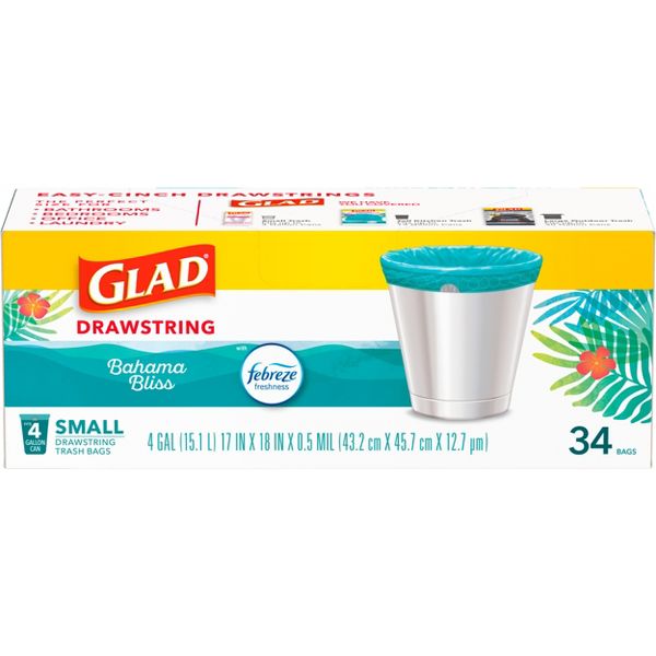 Glad 4 Gallon ForceFlex MaxStrength Drawstring Trash Bags, 34 Count, Fresh Scent, Bahama Bliss, Febreze