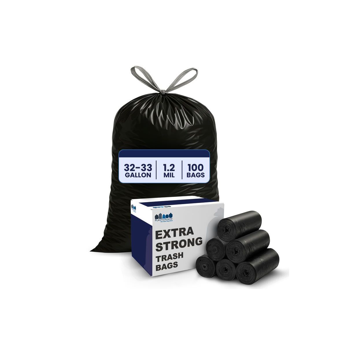 Plasticplace 32-33 Gallon Drawstring Trash Bags, 100 Count, Black, 33 x 39 in, 1.2 mil