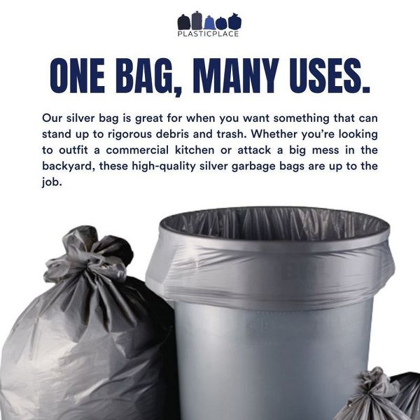 Plasticplace 33 Gallon Low-Density Trash Bags, 100 Count, Silver, 33 x 39 in, 1.5 mil