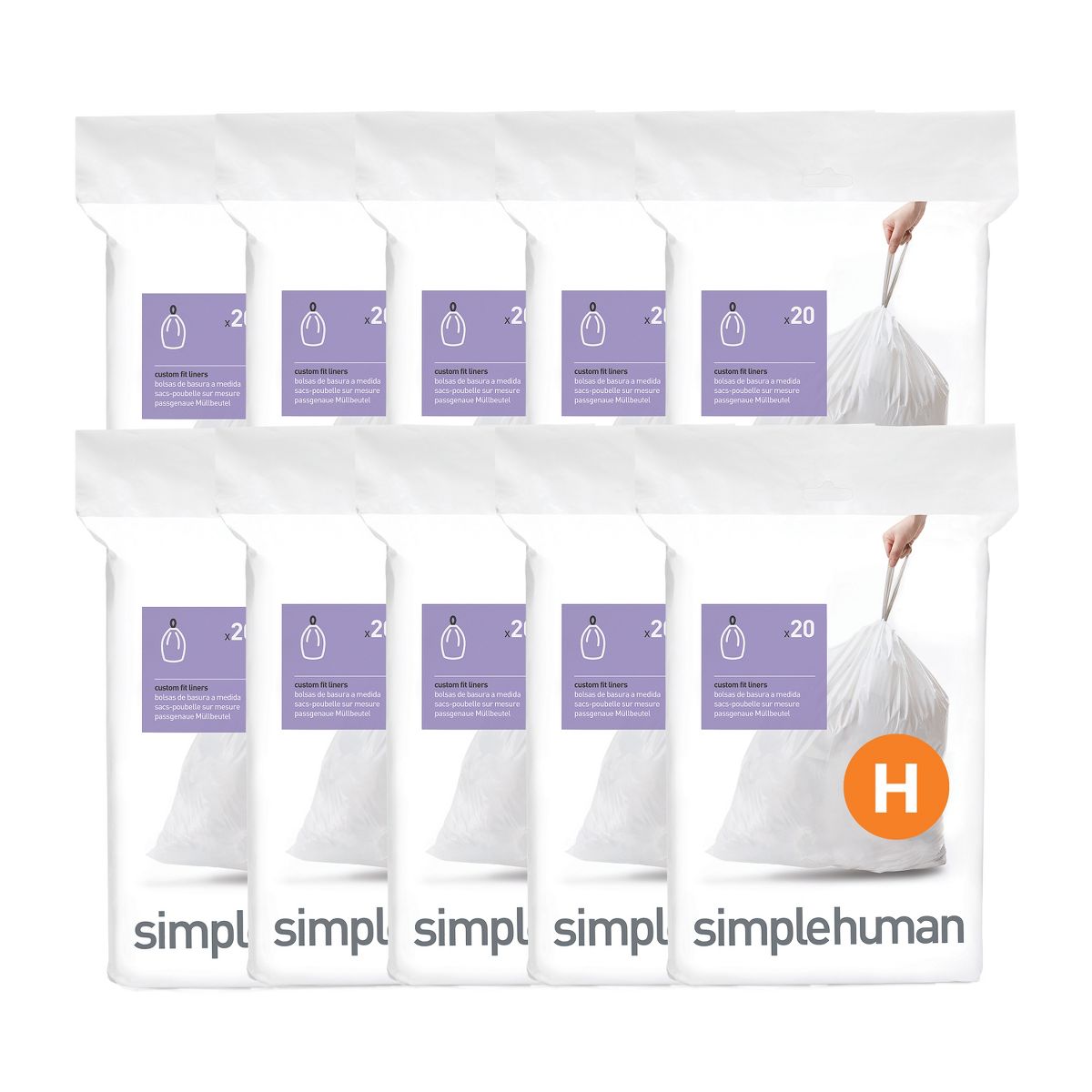 simplehuman 30-35 L Code H Custom-Fit Drawstring Trash Bags, 200 Count, White