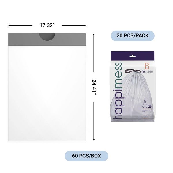 happymess 5.3 Gallon / 20 L Drawstring Trash Bags, 60 Count, per pack: 20 bags, Unscented, Clear