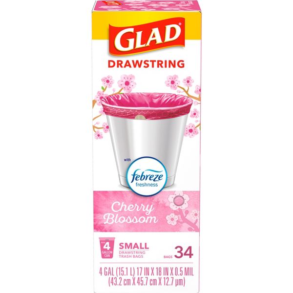 Glad 4 Gallon Drawstring Small Trash Bags, 34 Count, Cherry Blossom