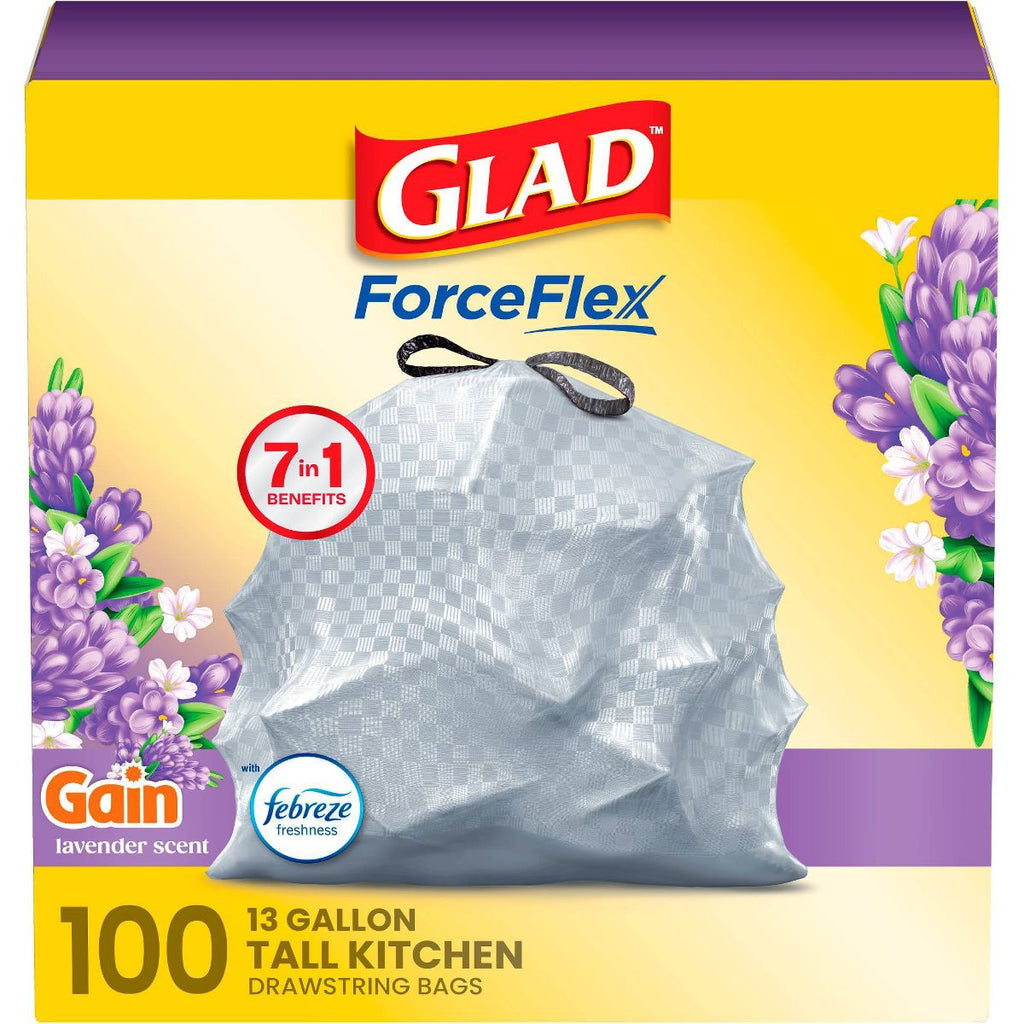Glad 13 Gallon ForceFlex Drawstring Tall Kitchen Trash Bags, 100 Count, Mediterranean Lavender, Febreze