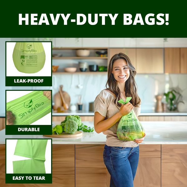 Simply Bio 1.6 Gallon / 6.06 L Drawstring Heavy-Duty Compostable Trash Bags, 50 Count, 0.6 mil