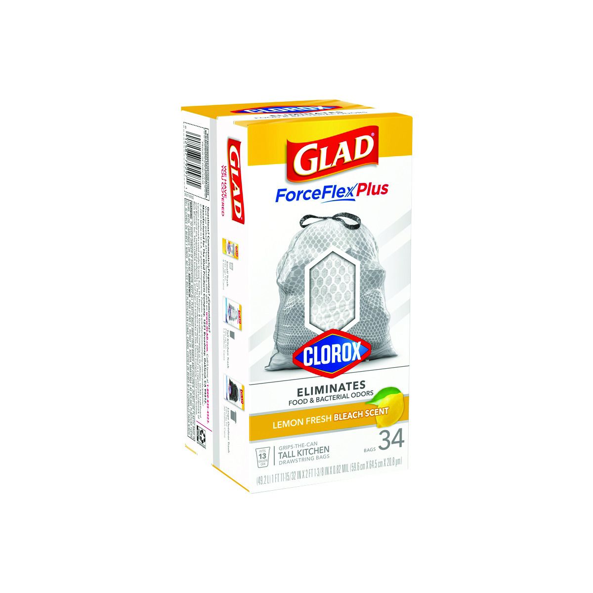 Glad 13 Gallon ForceFlex Plus Drawstring Tall Kitchen Trash Bags, Lemon, 0.82 mil