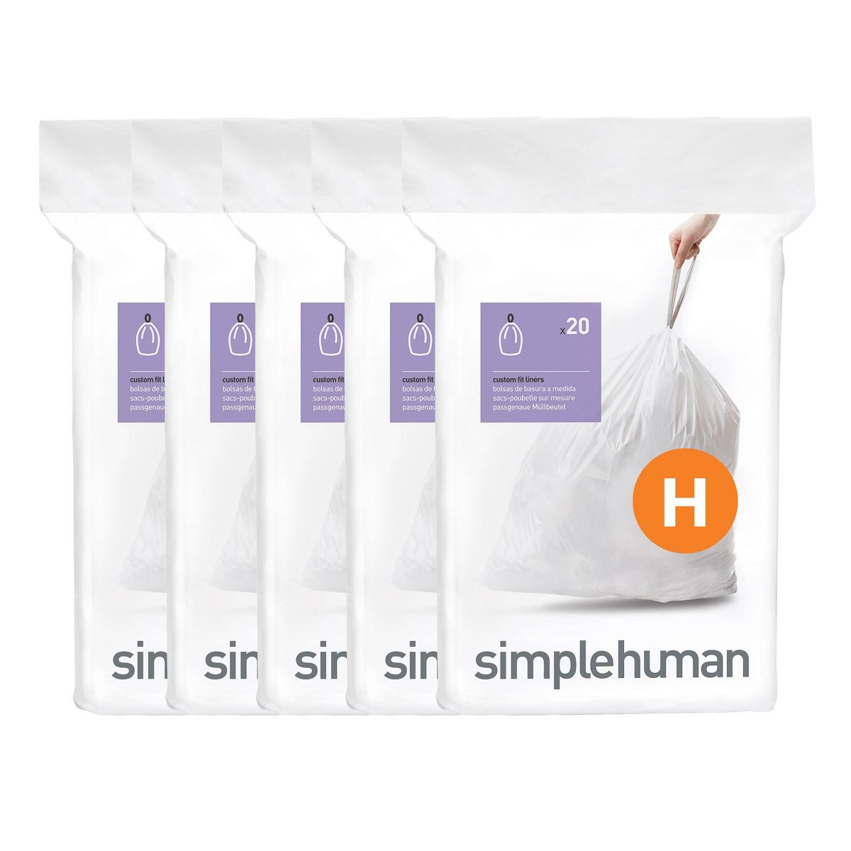 simplehuman 30 L / 35 L Drawstring Tall Kitchen Trash Bags, Code H, 100 Count, White