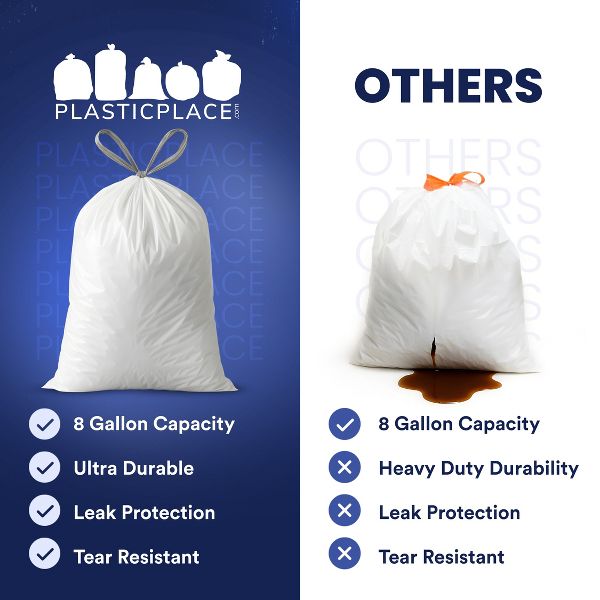 Plasticplace 8 Gallon Drawstring Trash Bags, 100 Count, White, 22 x 22 in, 0.7 mil