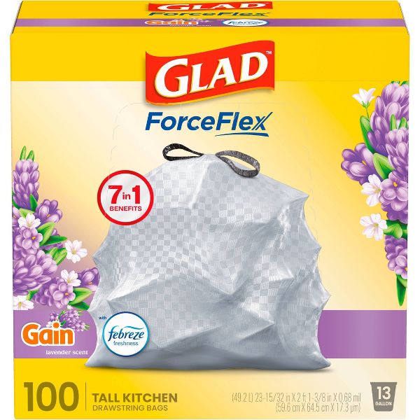 Glad 13 Gallon ForceFlex Drawstring Tall Kitchen Trash Bags, 100 Count, Mediterranean Lavender, Febreze