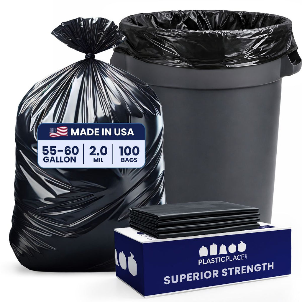 Plasticplace 55-60 Gallon Heavy-Duty Trash Bags, 100 Count, Black, 38 x 58 in, 2.0 mil