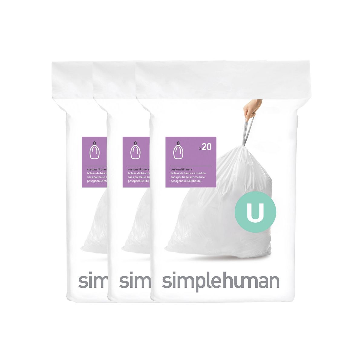 simplehuman 50-80 L Drawstring Tall Kitchen Trash Bags, Code U, 60 Count, White
