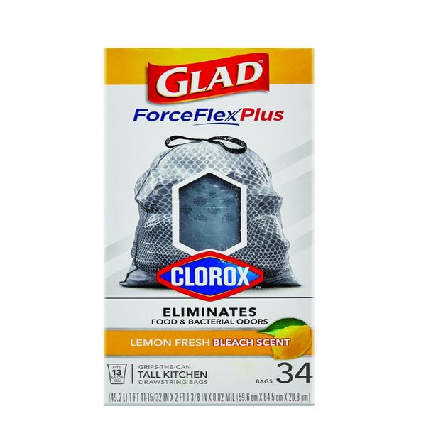 Glad 13 Gallon ForceFlex Plus Drawstring Tall Kitchen Trash Bags, Lemon, 0.82 mil