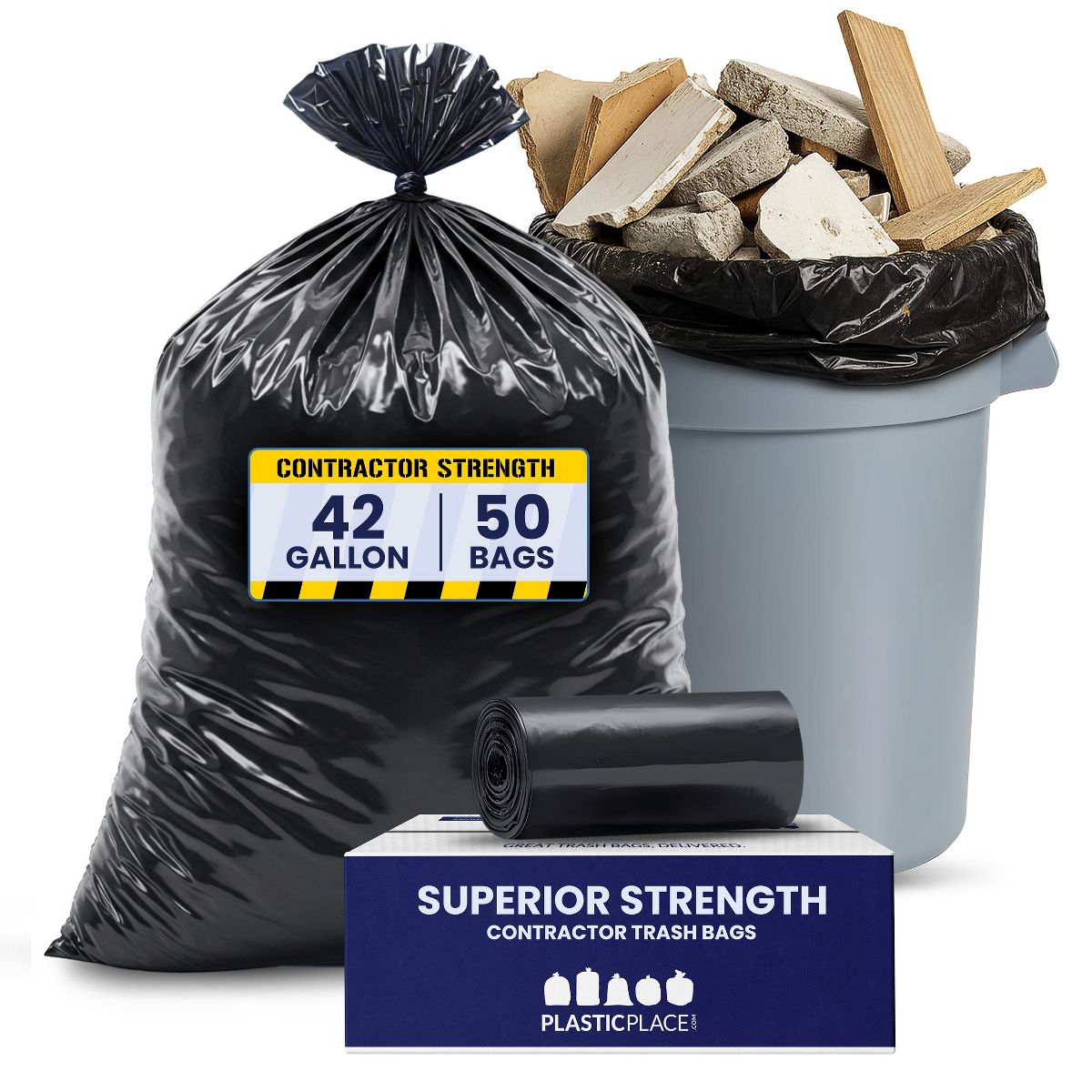 Plasticplace 42 Gallon Contractor Trash Bags, 50 Count, Black, 33 x 48 in, 3.0 mil