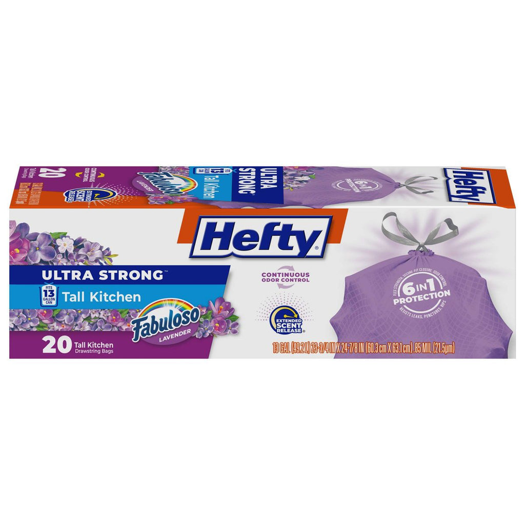 Hefty 13 Gallon UltraStrong Fabuloso Drawstring Tall Kitchen Trash Bags, 20 Count, Lavender
