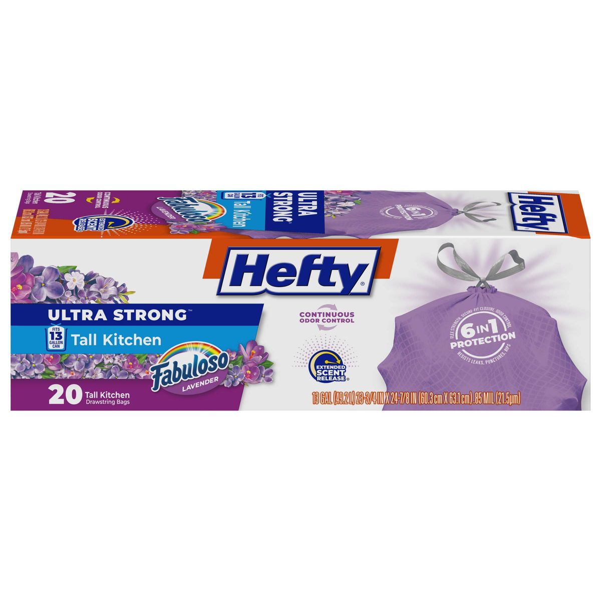 Hefty 13 Gallon UltraStrong Fabuloso Drawstring Tall Kitchen Trash Bags, 20 Count, Lavender