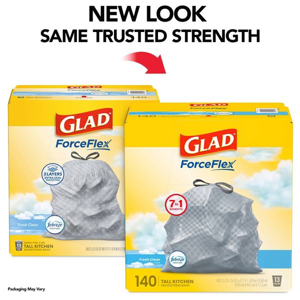 Glad 13 Gallon ForceFlex Drawstring Trash Bags, 140 Count, Fresh Scent, Febreze