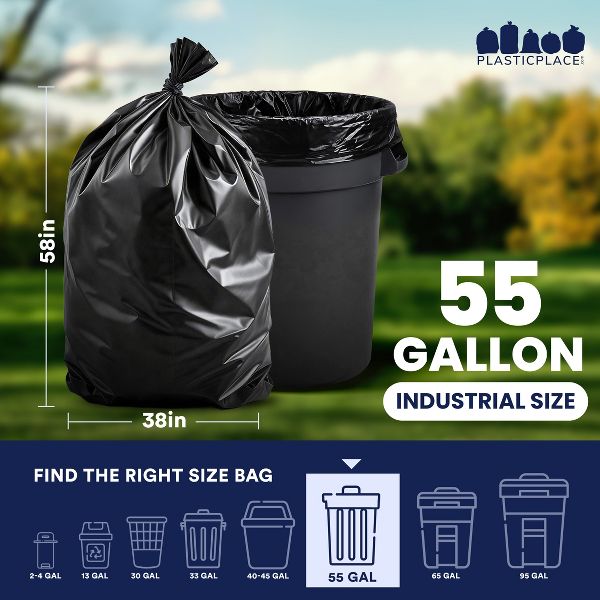 Plasticplace 55-60 Gallon Heavy-Duty Trash Bags, 100 Count, Black, 38 x 58 in, 2.0 mil