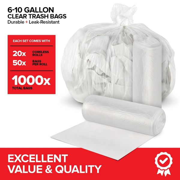 6-10 Gallon Multi-Purpose Trash Bags, 1000 Count, Clear