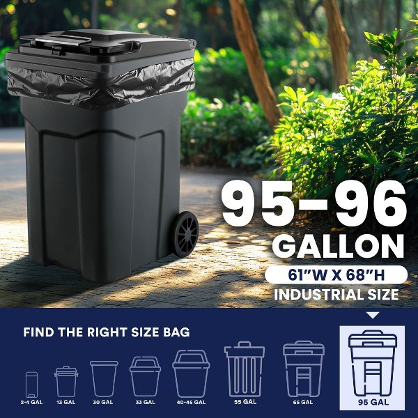 Plasticplace 95-96 Gallon Trash Bags, 25 Count, Black, 61 x 68 in, 3.0 mil