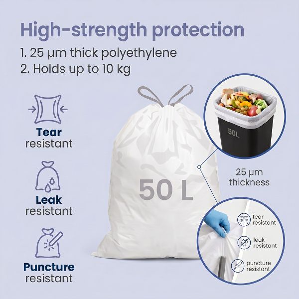 LEDREM Drawstring Tall Kitchen Trash Bags, 2 rolls, White