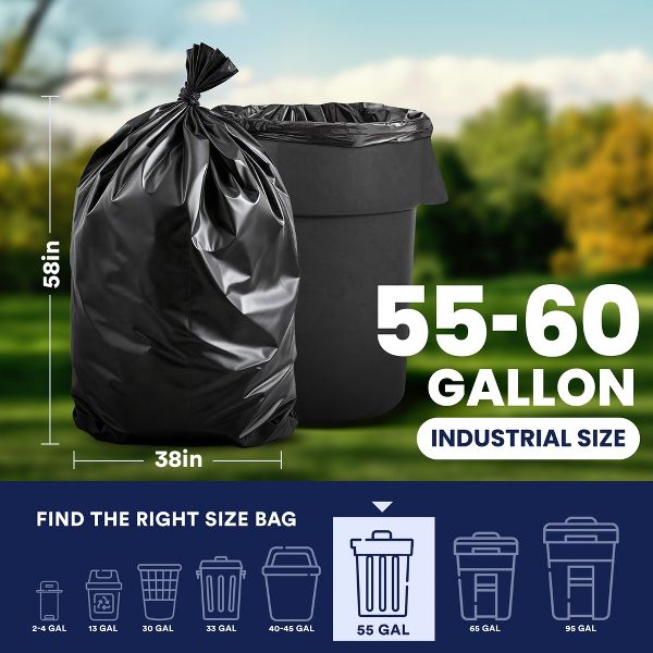 Plasticplace 55-60 Gallon Trash Bags, 50 Count, Black, 1.5 mil