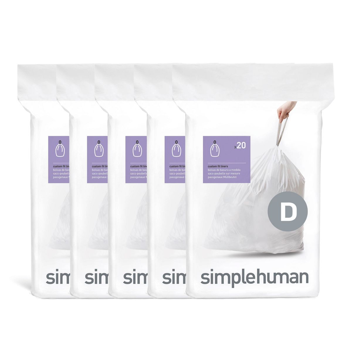 simplehuman 20 L Drawstring Tall Kitchen Trash Bags, Code D, 100 Count, Unscented, White