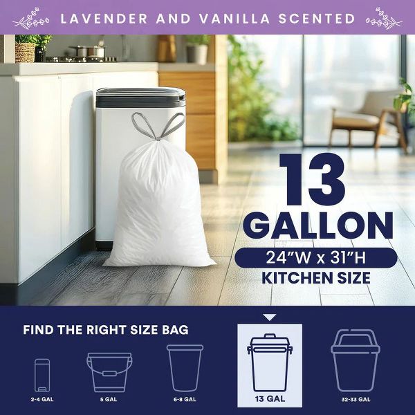 Plasticplace 13 Gallon Drawstring Trash Bags, 50 Count, Lavender and Soft Vanilla, White