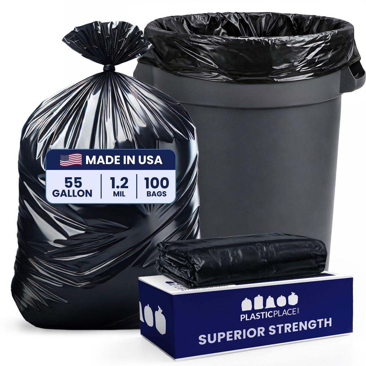 Plasticplace 55 Gallon Trash Bags, 100 Count, Black, Compatible with Rubbermaid, 40 x 50 in, 1.2 mil