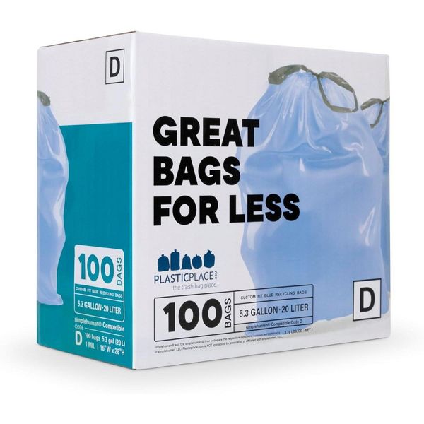 Plasticplace 5.3 Gallon / 20 L Recycling Bags, Compatible with simplehuman Code D, 100 Count, Blue, 15.75 x 28 in