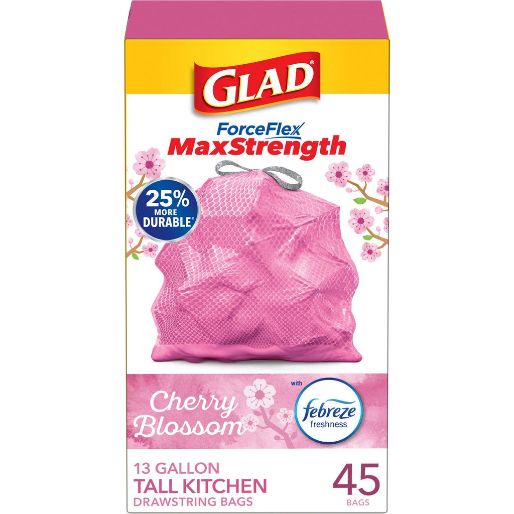 Glad 13 Gallon ForceFlex MaxStrength Drawstring Tall Kitchen Trash Bags, 45 Count, Cherry Blossom, Pink